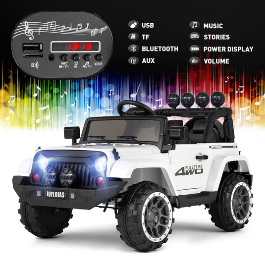 12V Electric Ride On Truck for Kids with Storage, LED Lights, MP3 Player, Bluetooth, and Remote Control - White