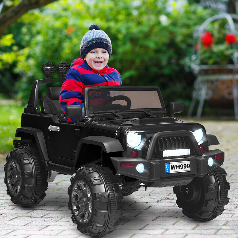 Load image into Gallery viewer, 12V Kids Ride On Truck with RC Control, LED Lights, Music, and Spring Suspension in Black
