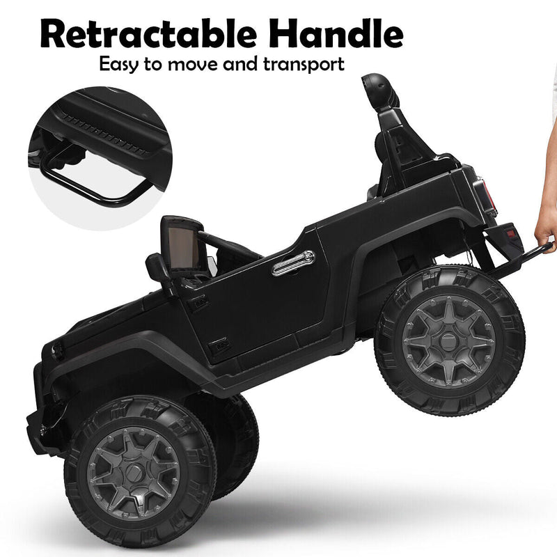 Load image into Gallery viewer, 12V Kids Ride On Truck with RC Control, LED Lights, Music, and Spring Suspension in Black
