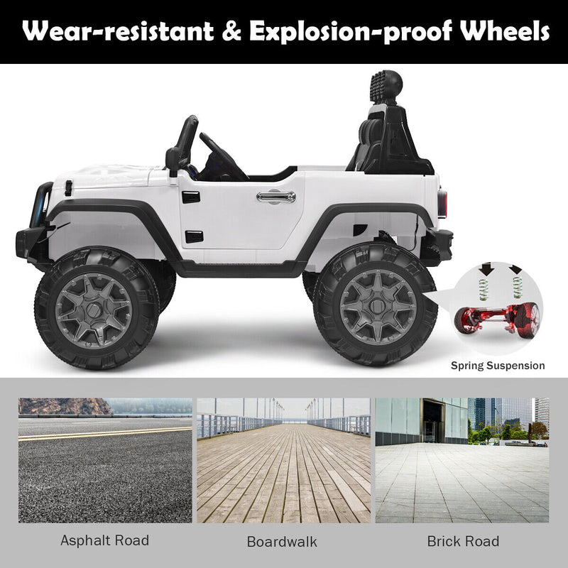 Load image into Gallery viewer, 12V Kids Ride On Truck with RC Control, LED Lights, Music, and Spring Suspension in White
