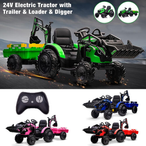 12V Kids Tractor Ride On Toy Car with Trailer, Music, and LED Lights - Perfect Gift for Toddlers