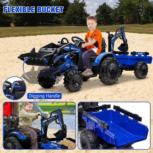12V Kids Tractor Ride On Toy Car with Trailer, Music, and LED Lights - Perfect Gift for Toddlers
