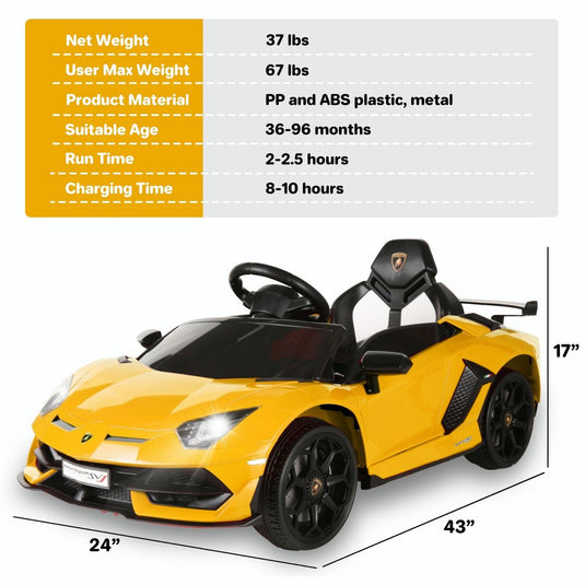 Magic Cars® 12V Lamborghini Aventador Style SVJ Ride-On Car for Kids - Electric Vehicle With Wireless Parental Control