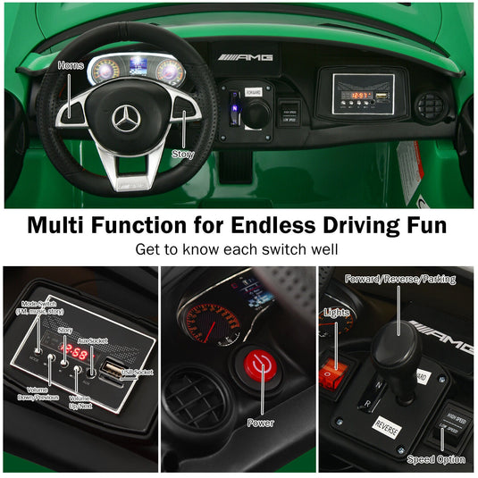12V Mercedes Benz AMG GTR Kids Ride On Car with Remote Control and LED Lights in Green