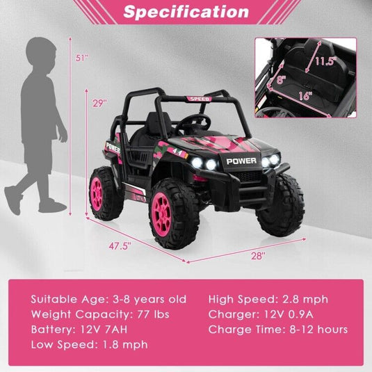 12V Off-Road Truck Ride-On Toy for Kids with Remote Control, LED Lights, and Music