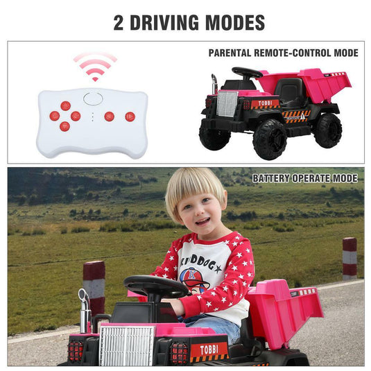 12V Pink Battery-Powered Ride-On Dump Truck Toy for Kids