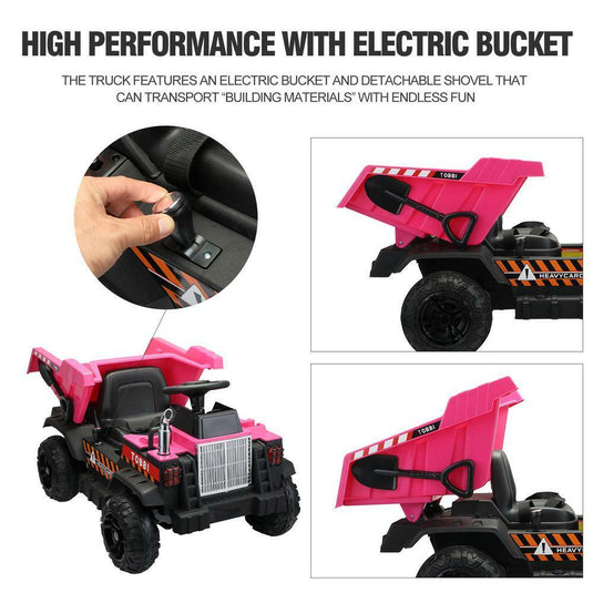 12V Pink Battery-Powered Ride-On Dump Truck Toy for Kids