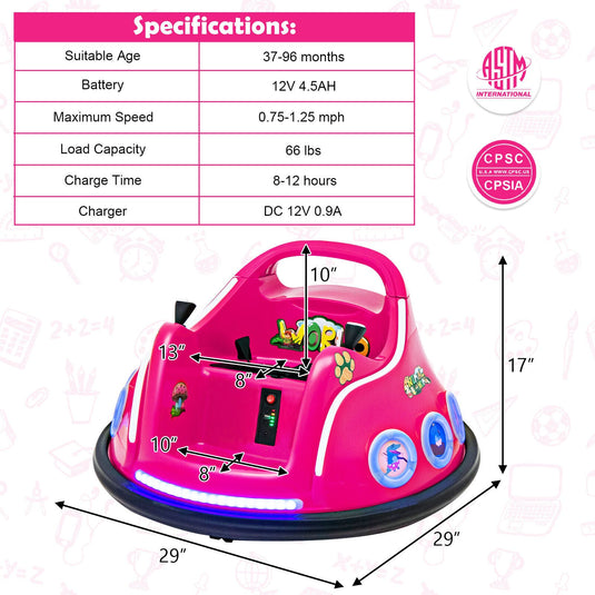 12V Pink Bumper Car with Remote Control, LED Lights, and Music for Kids