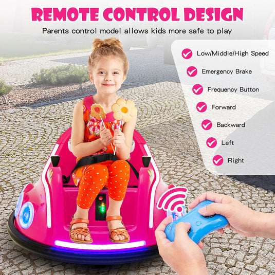 12V Pink Bumper Car with Remote Control, LED Lights, and Music for Kids