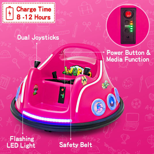 12V Pink Bumper Car with Remote Control, LED Lights, and Music for Kids