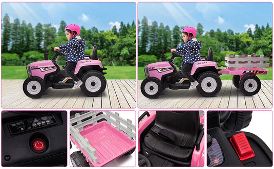 12V Pink Electric Ride-On Tractor with Trailer Bucket for Kids