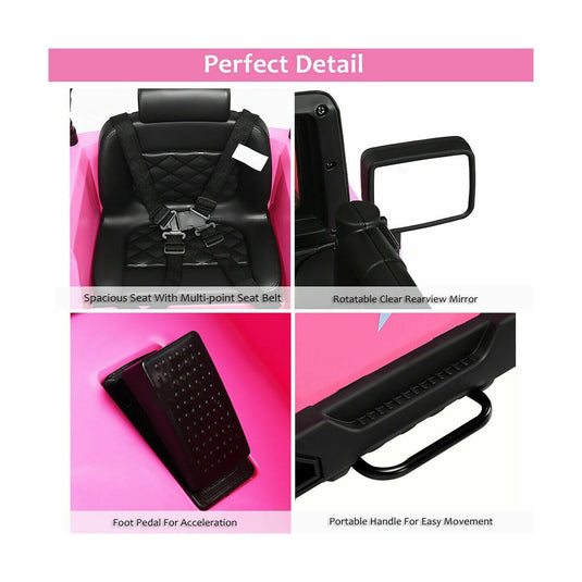 12V Pink Ride On Truck with Remote Control, MP3 Music, and LED Lights for Kids