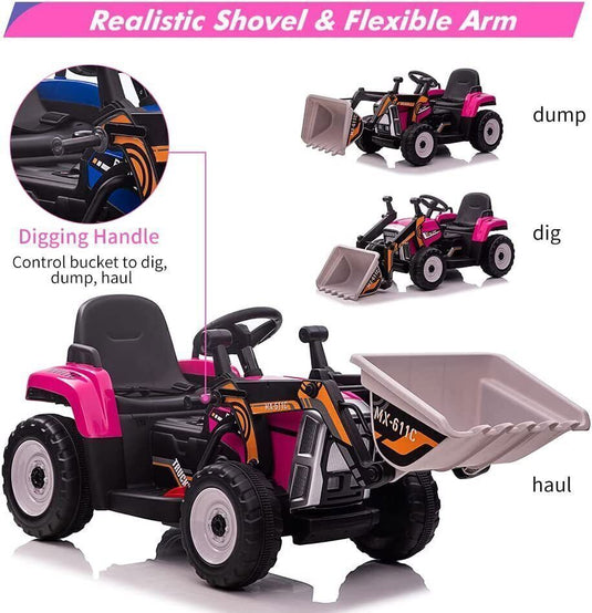 12V RC Excavator Ride-On Tractor with Music, Headlights, and Horn for Kids