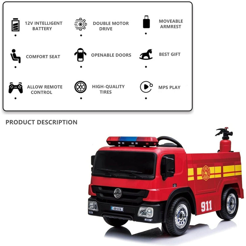 Load image into Gallery viewer, 12V Ride-On Fire Truck Toy Car with Remote Control for Kids Ages 3-6
