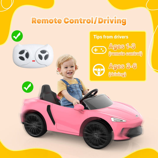 12V Sports Car for Kids with 2 Speeds, Parental Control, Sound Effects, and LED Lights