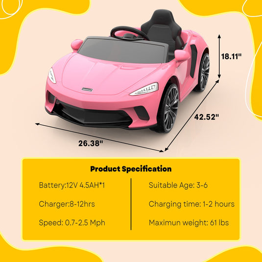 12V Sports Car for Kids with 2 Speeds, Parental Control, Sound Effects, and LED Lights