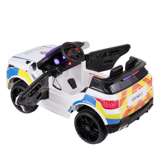 12V White Police Car Ride-On for Kids with Bluetooth Remote Control and LED Lights