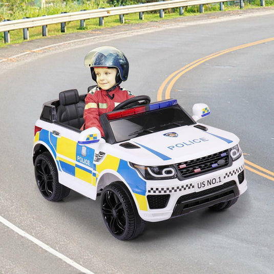 12V White Police Car Ride-On for Kids with Bluetooth Remote Control and LED Lights
