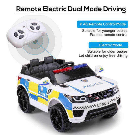12V White Police Car Ride-On for Kids with Bluetooth Remote Control and LED Lights