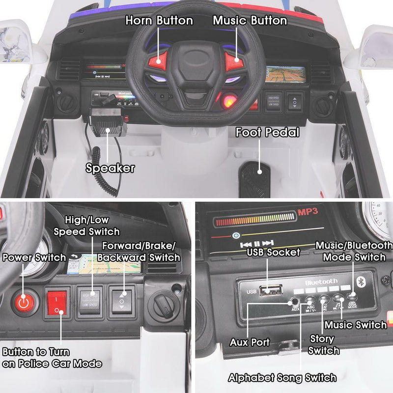 Load image into Gallery viewer, 12V White Police Car Ride-On for Kids with Bluetooth Remote Control and LED Lights
