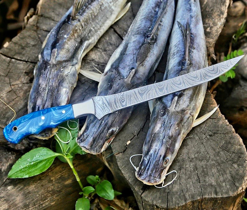 Load image into Gallery viewer, Custom Handmade 13-Inch Damascus Steel Fillet Knife Blank with Resin Handle – Premium Leather Sheath
