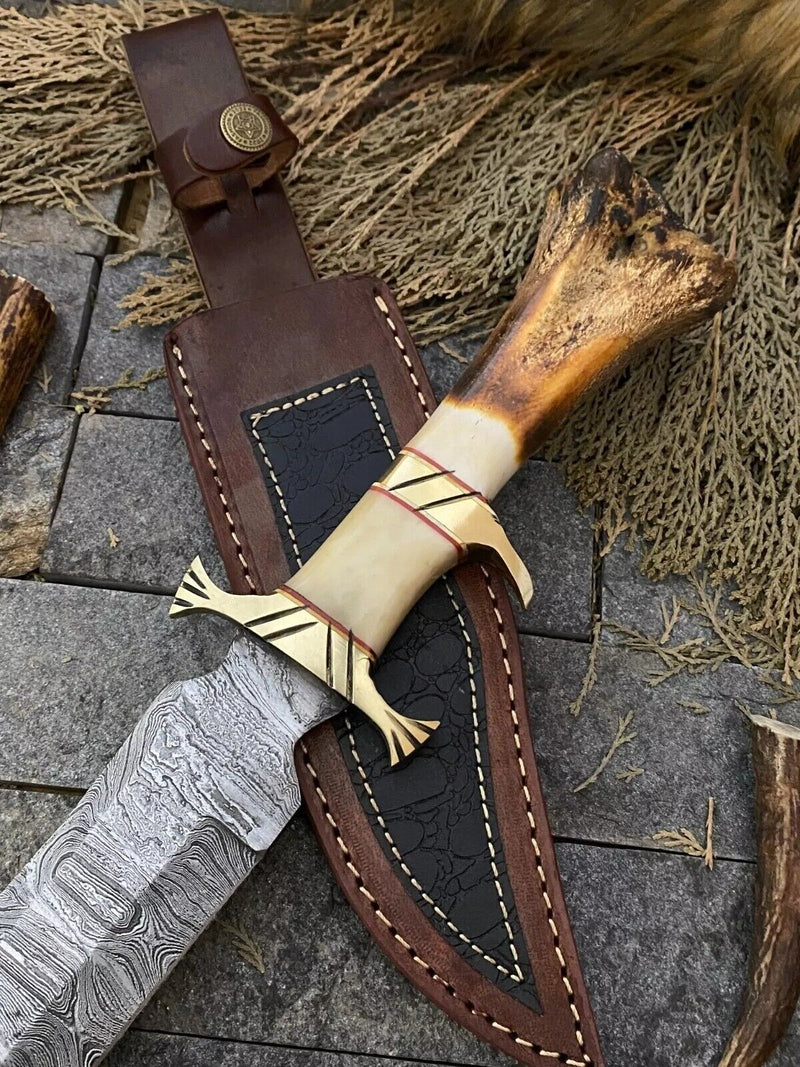 Load image into Gallery viewer, Custom Handmade Damascus Steel Bowie Knife – 13-Inch Blade with Bone and Brass Guard Handle, Includes Leather Sheath
