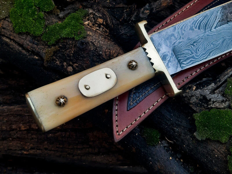 Load image into Gallery viewer, Damascus Steel Cowboy Bowie Knife – 13&quot; with Brass Guard and Camel Bone Handle, Leather Sheath Included
