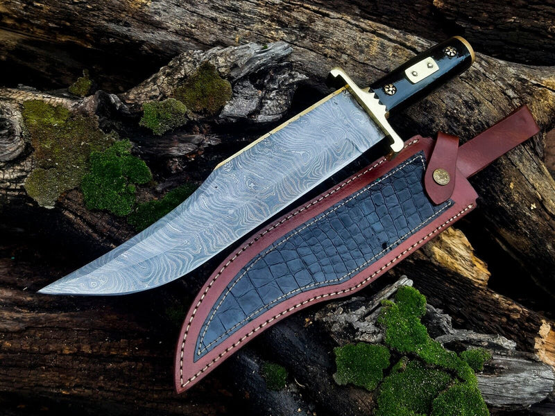 Load image into Gallery viewer, 13-Inch Damascus Steel Cowboy Bowie Knife with Buffalo Horn Handle &amp; Leather Sheath – Perfect Gift for Knife Enthusiasts
