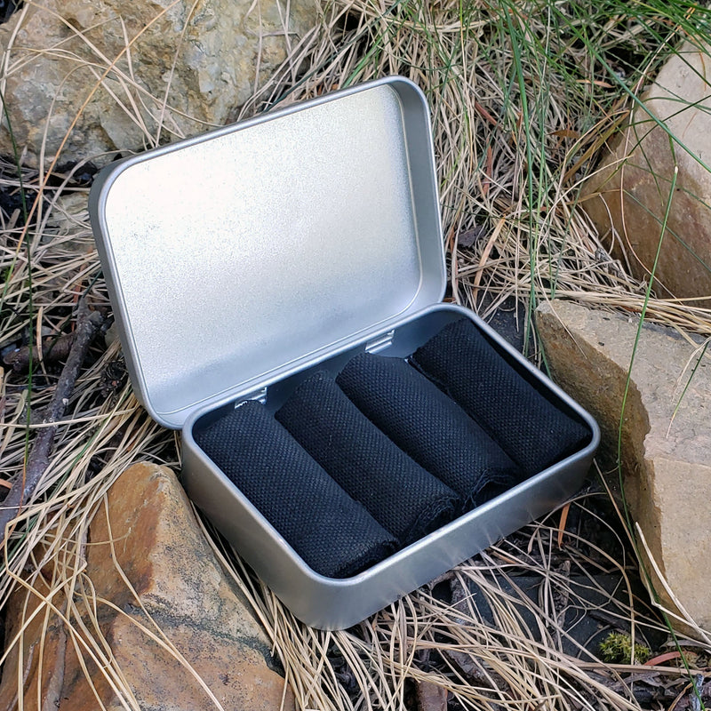 Load image into Gallery viewer, Premium Charcloth w/Tinderbox - Essential Primitive FireStarting Material for use with Flint &amp; Steel, Magnifier etc.
