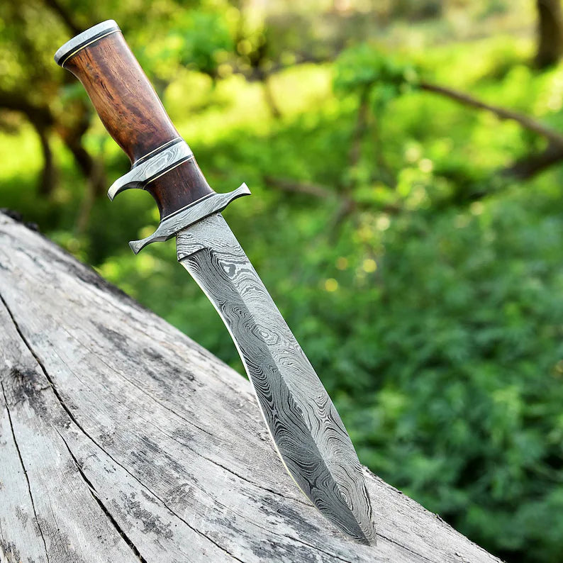 Load image into Gallery viewer, Custom Handmade 13&quot; Damascus Steel Civil War Bowie Knife with Rosewood Handle and Leather Sheath
