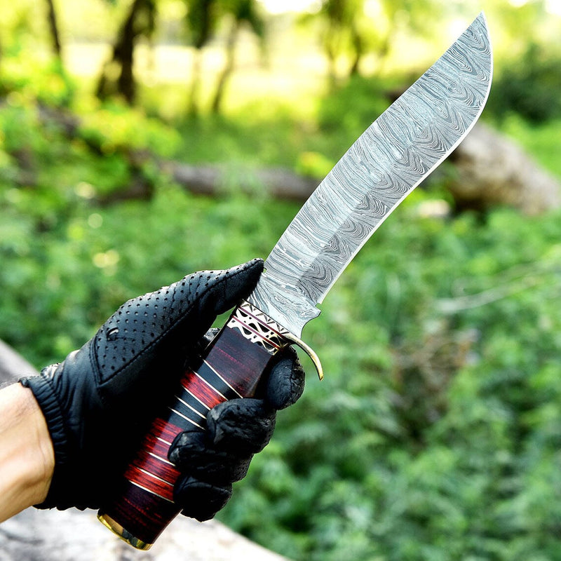 Load image into Gallery viewer, Antique 13&quot; Damascus Steel Bowie Knife – Brass Guard and Pakkawood Handle with Leather Sheath
