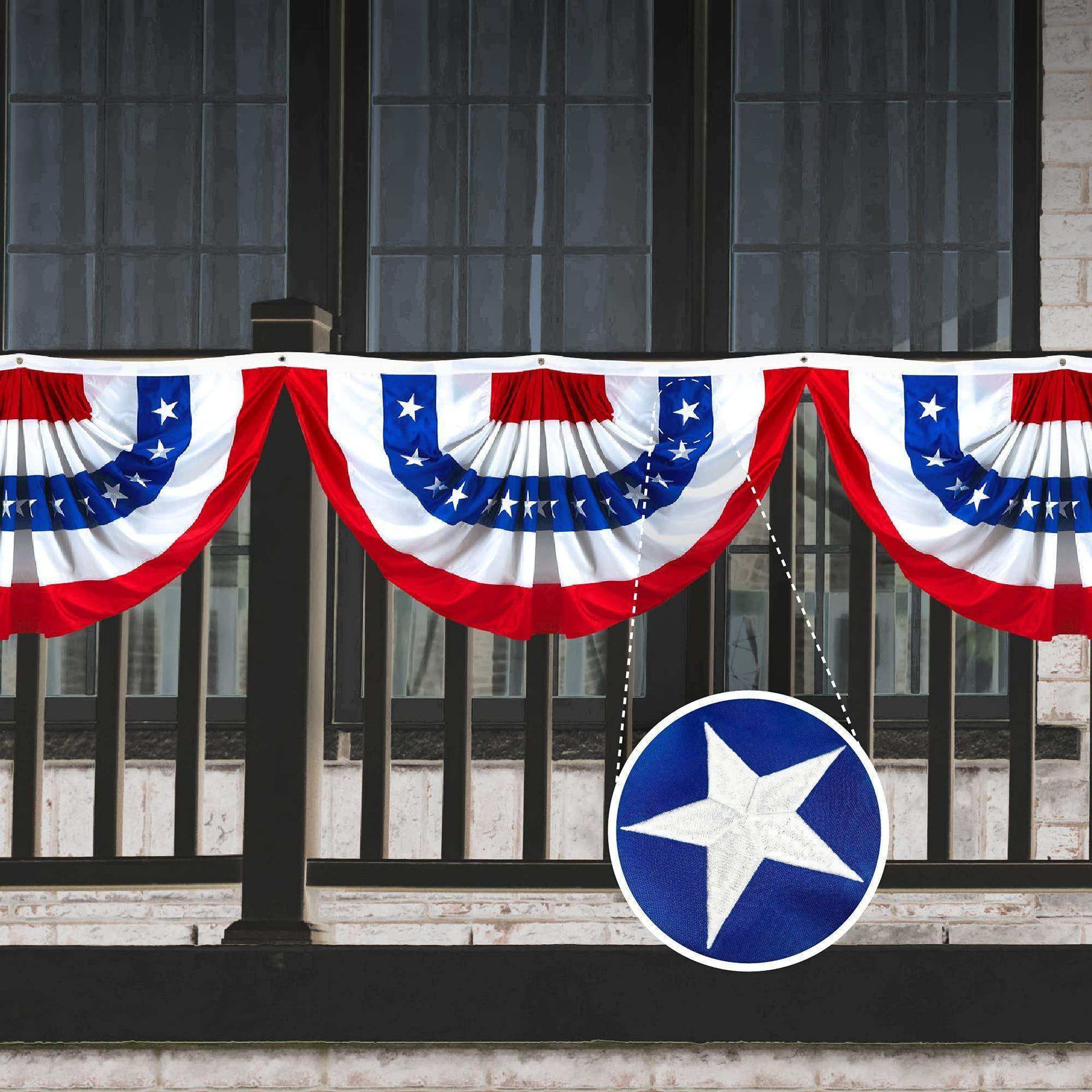 USA Pleated Fan Flag 1.5x3 Feet American USA Bunting Decoration Flags EMBROIDERED Patriotic Stars & Sewn Stripes Canvas Header and Brass Grommets - Skoutley Outdoors LLC
