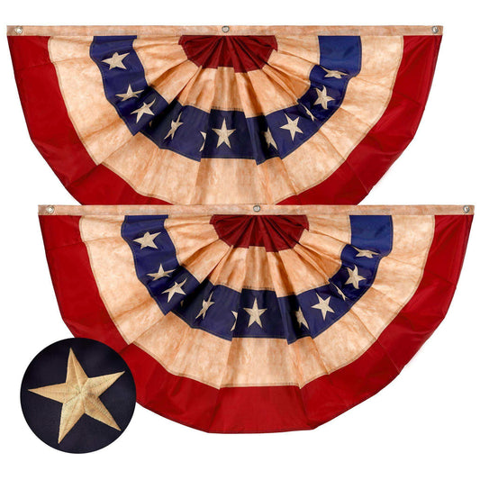 2 Pack: USA Tea Stained Pleated Fan Flag 1.5x3FT Embroidered Polyester Stars and Stripes - Skoutley Outdoors LLC