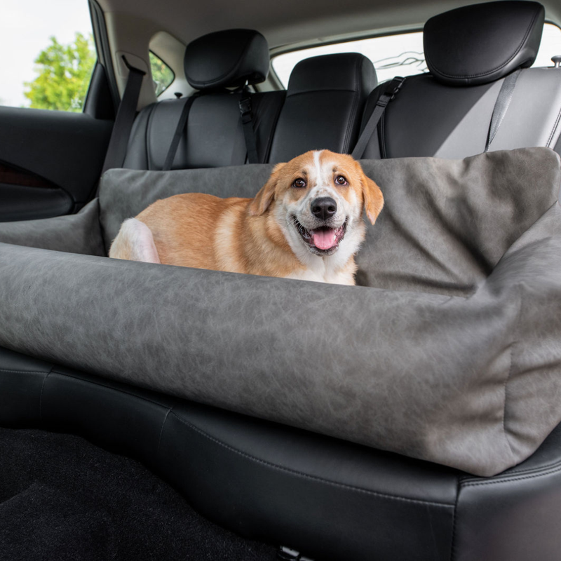 Load image into Gallery viewer, PupProtector™ Faux Cool-to-Touch Vegan Leather Memory Foam Dog Car Bed - Slate Gray
