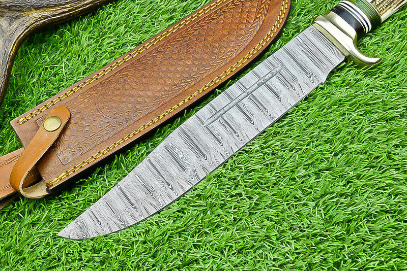 Load image into Gallery viewer, Deluxe Dundee Knife – 16" Handmade Damascus Steel Blade with Brass Guard &amp; Pakkawood or Stag Horn Handle + Leather Sheath
