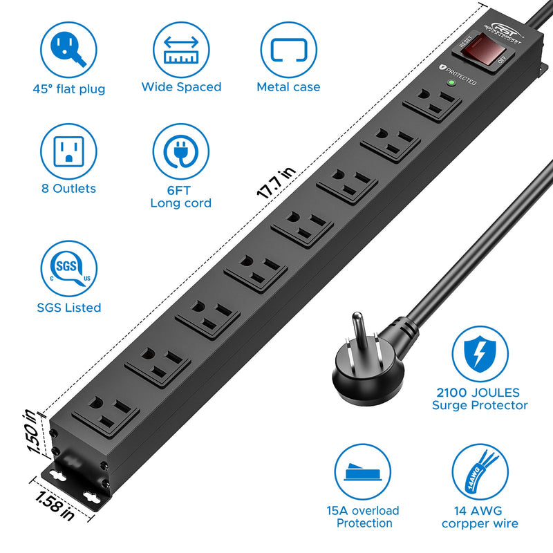 Load image into Gallery viewer, CRST 8 Outlets Mountable Metal Power Strip Surge Protector, 6FT Flat Plug, 2100 Joules, Wide Spaced
