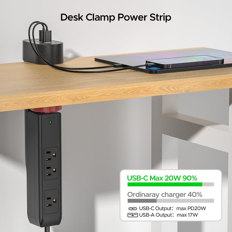 Load image into Gallery viewer, CRST Desk Clamp Power Strip | 3 Outlets + 3 USB (20W USB-C PD), 1020J Surge Protector
