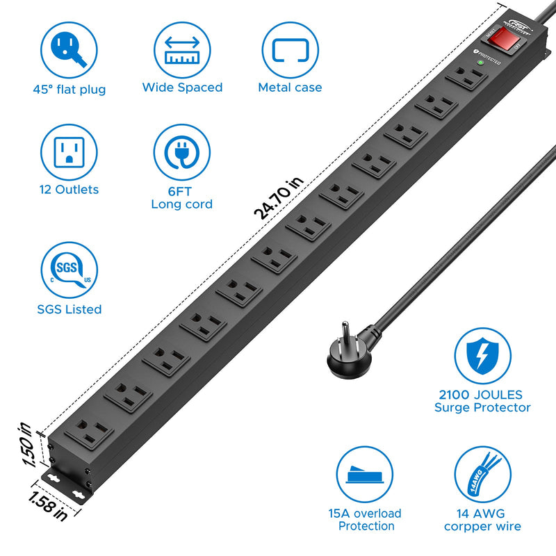Load image into Gallery viewer, CRST 12-Outlet Metal Surge Protector Power Strip — Mountable, 2100J, 6FT/15FT Cord
