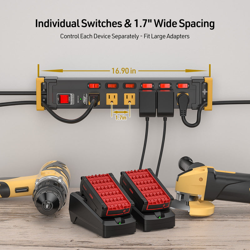Load image into Gallery viewer, 6-Outlet Metal Power Strip with Individual Switches + Dual-Pole Master Switch
