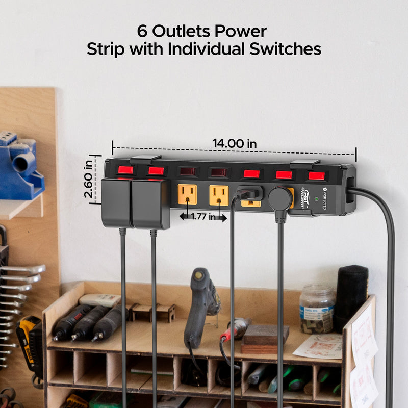 Load image into Gallery viewer, CRST 6-Outlet Metal Power Strip Surge Protector with Individual Switches, Versatile Mounting System
