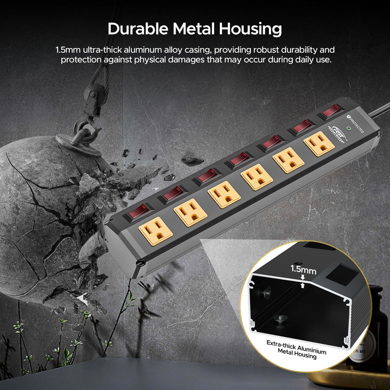 Load image into Gallery viewer, CRST 6-Outlet Metal Power Strip Surge Protector with Individual Switches, Versatile Mounting System
