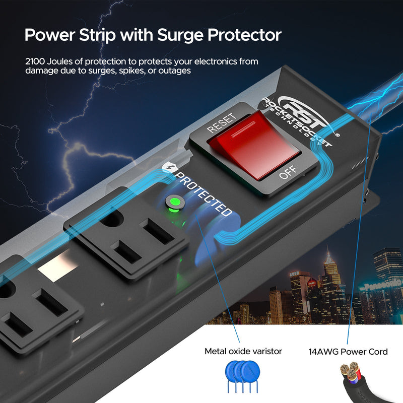 Load image into Gallery viewer, CRST 12-Outlet Metal Surge Protector Power Strip — Mountable, 2100J, 6FT/15FT Cord
