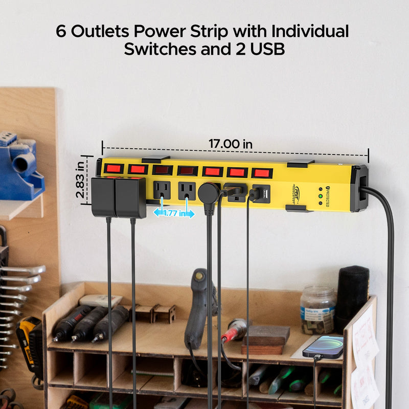 Load image into Gallery viewer, CRST 6-Outlet + 2 USB Metal Power Strip with Individual Switches, 1200J Surge Protector, Versatile Mounting
