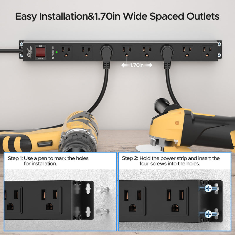 Load image into Gallery viewer, CRST 8 Outlets Mountable Metal Power Strip Surge Protector, 6FT Flat Plug, 2100 Joules, Wide Spaced
