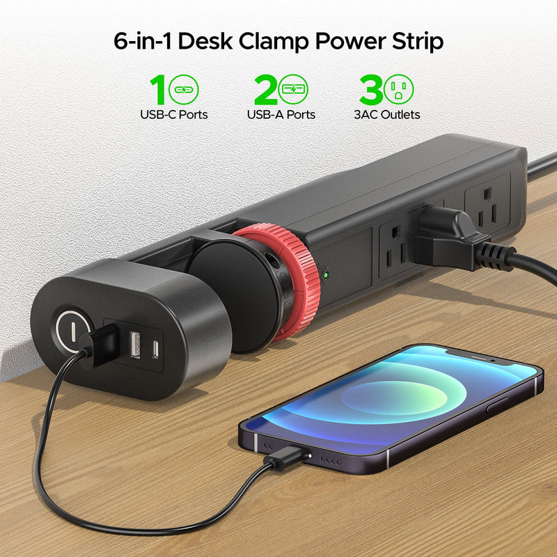 Load image into Gallery viewer, CRST Desk Clamp Power Strip | 3 Outlets + 3 USB (20W USB-C PD), 1020J Surge Protector
