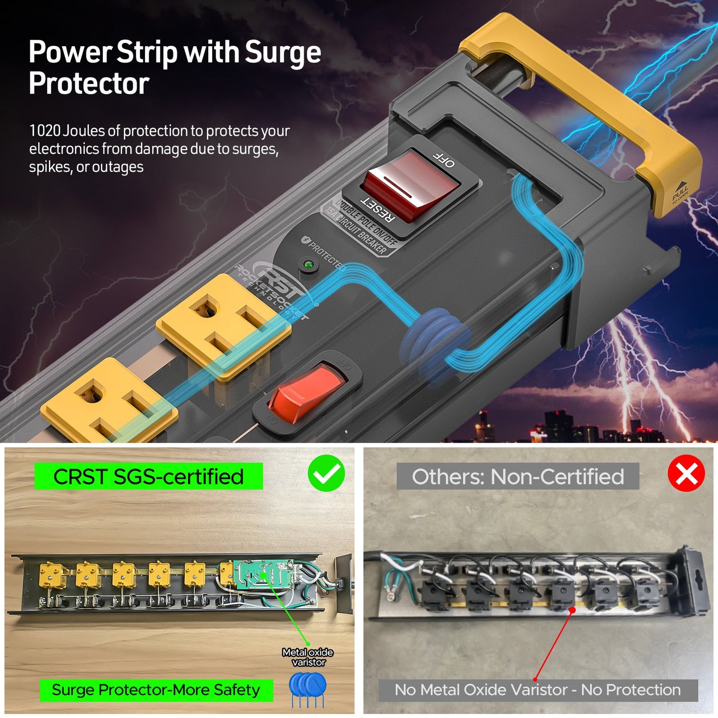 CRST Mountable 6-Outlets Individual Switches Metal Power Strip Surge Protector with Cord Holder 6FT Flat Plug Power Cord  1020J Protection 36 Months Warranty