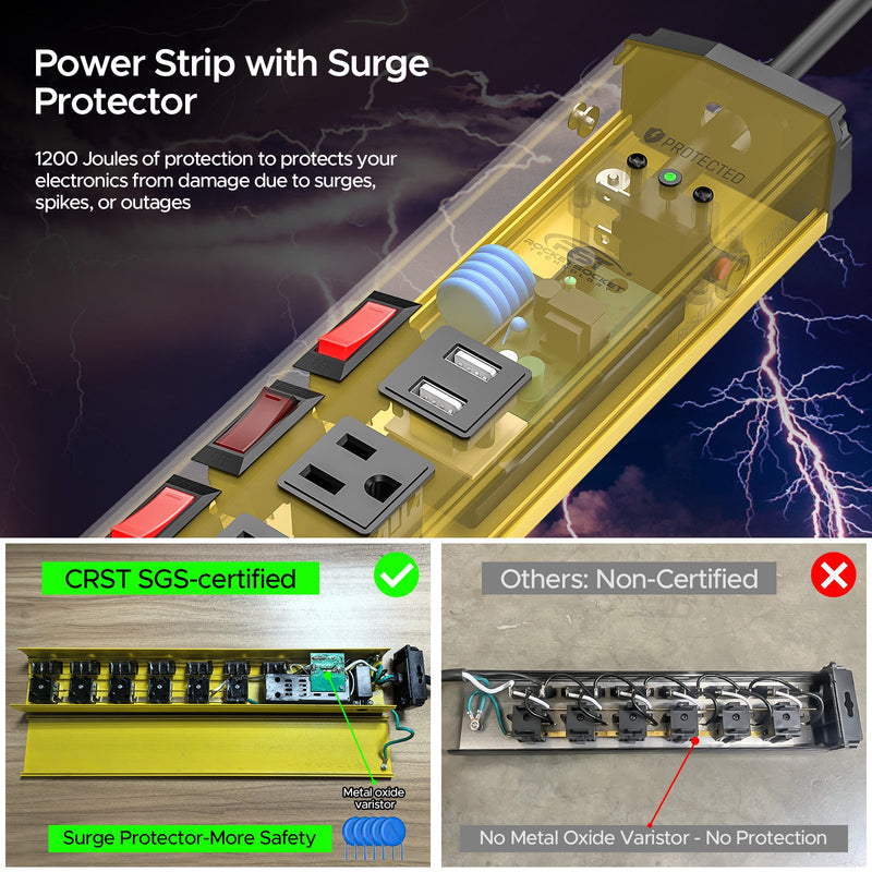 Load image into Gallery viewer, CRST 6-Outlet + 2 USB Metal Power Strip with Individual Switches, 1200J Surge Protector, Versatile Mounting
