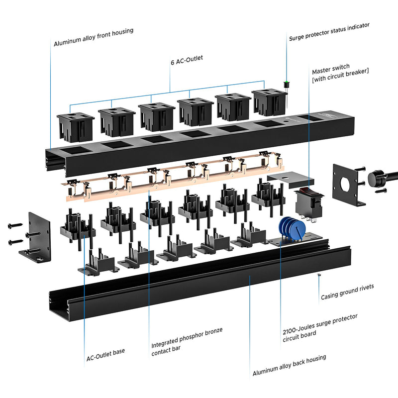Load image into Gallery viewer, CRST 6 Outlets Wide Spaced Mountable Metal Power Strip Surge Protector, 2100 Joules Protection, Easy Mounting
