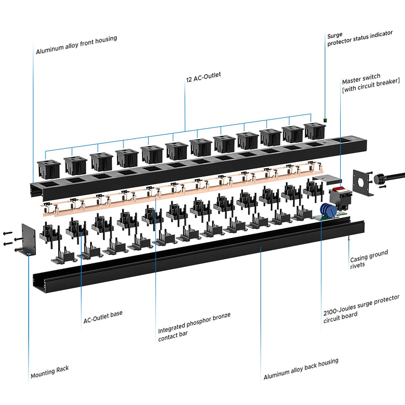 Load image into Gallery viewer, CRST 12-Outlet Metal Surge Protector Power Strip — Mountable, 2100J, 6FT/15FT Cord
