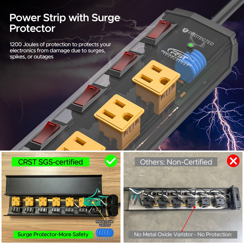 Load image into Gallery viewer, CRST 6-Outlet Metal Power Strip Surge Protector with Individual Switches, Versatile Mounting System
